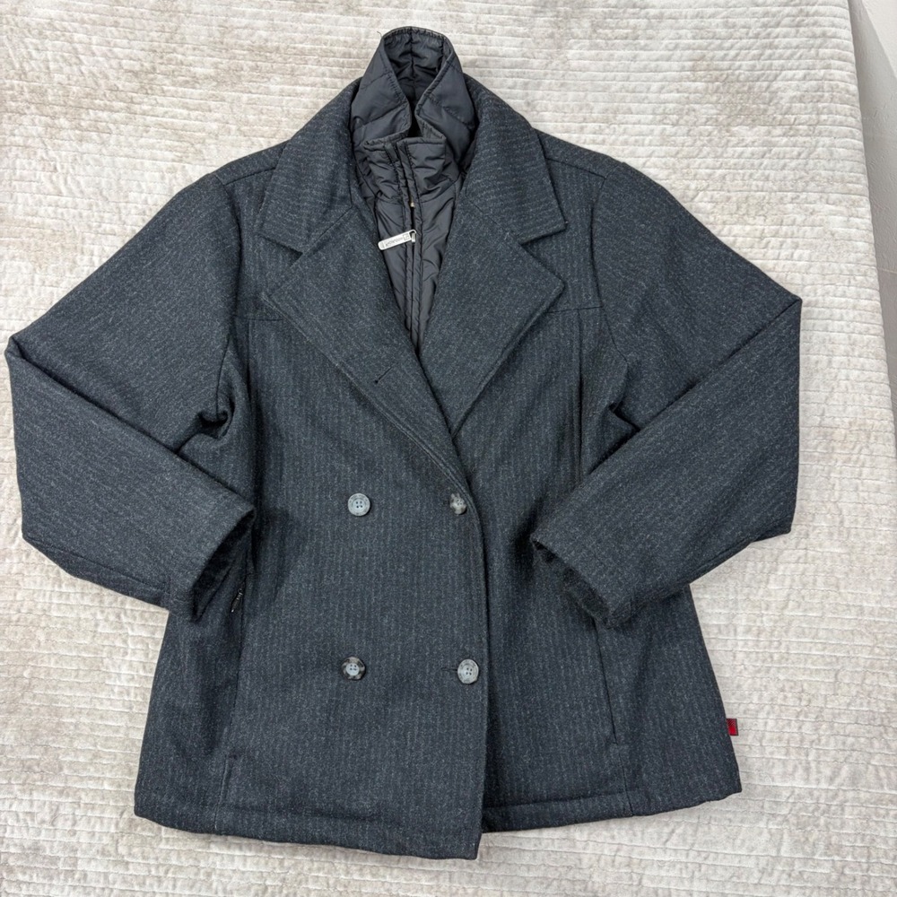 Woolrich Womens Onyx‎ Heather Wool Blend Pea Coat Quilted Bib Jacket 15012 Large